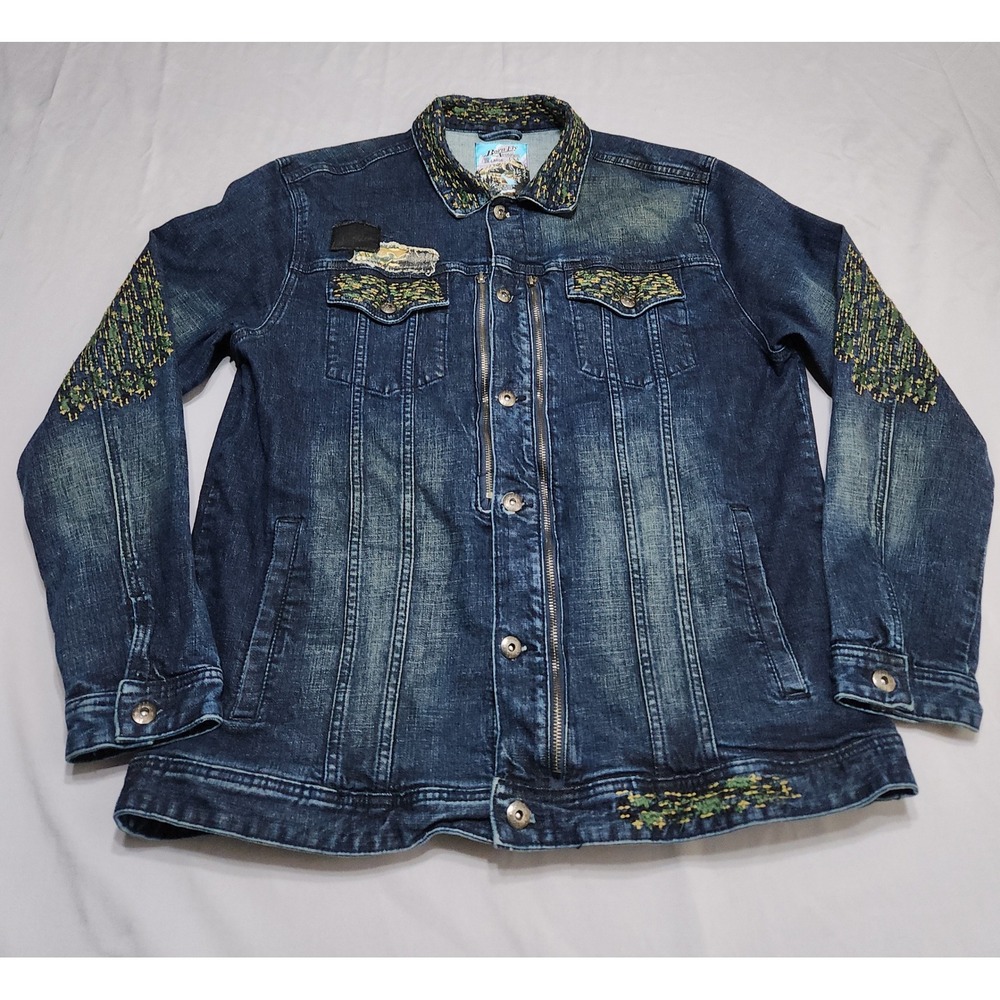 Born Fly Anytown USA Mens Denim Jacket Blue Embroidered Contrast Stitch 2XL